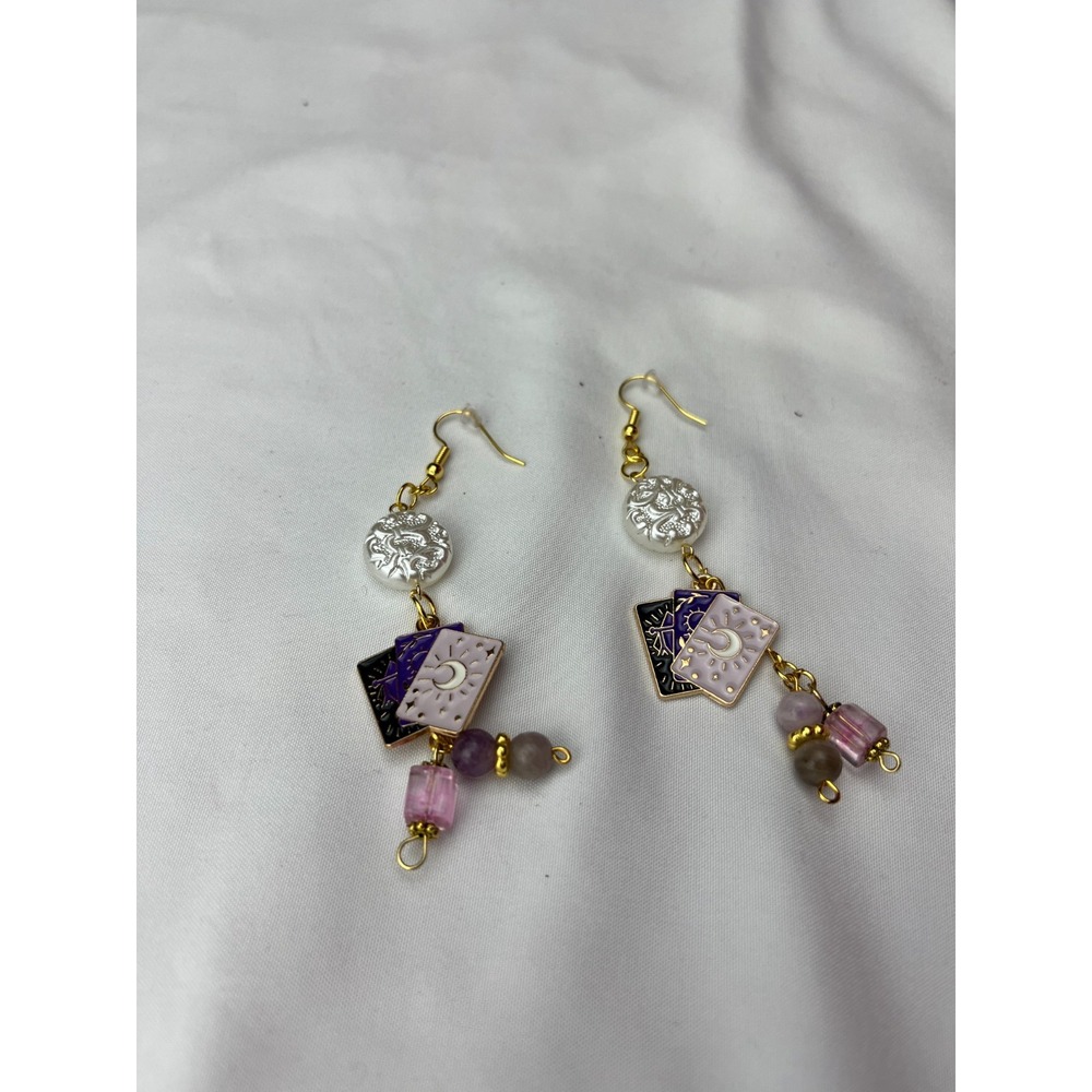 Handmade Dangly Earrings Amethyst Bead Moon Tarot Card Pendant Pink Purple Witch